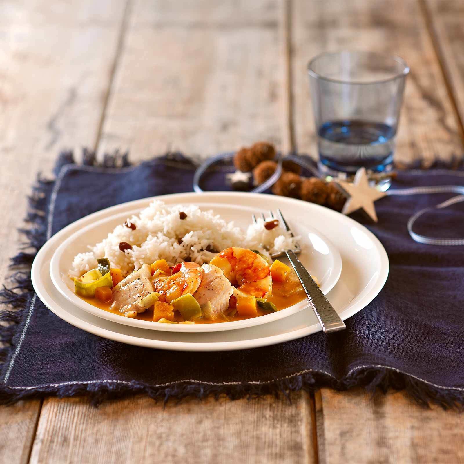 Fischcurry mit Sultaninenreis