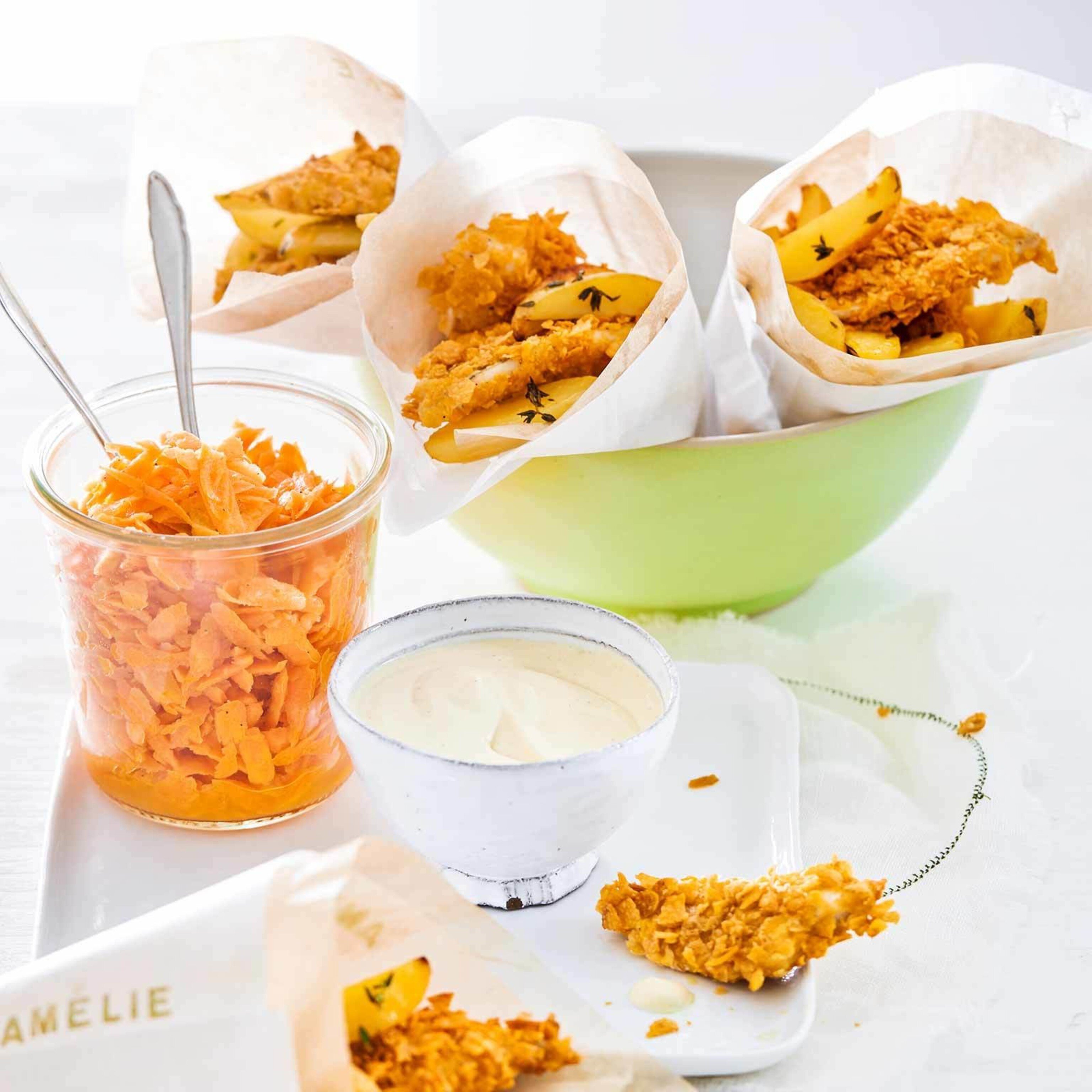 Fischknusperli mit Rüeblisalat