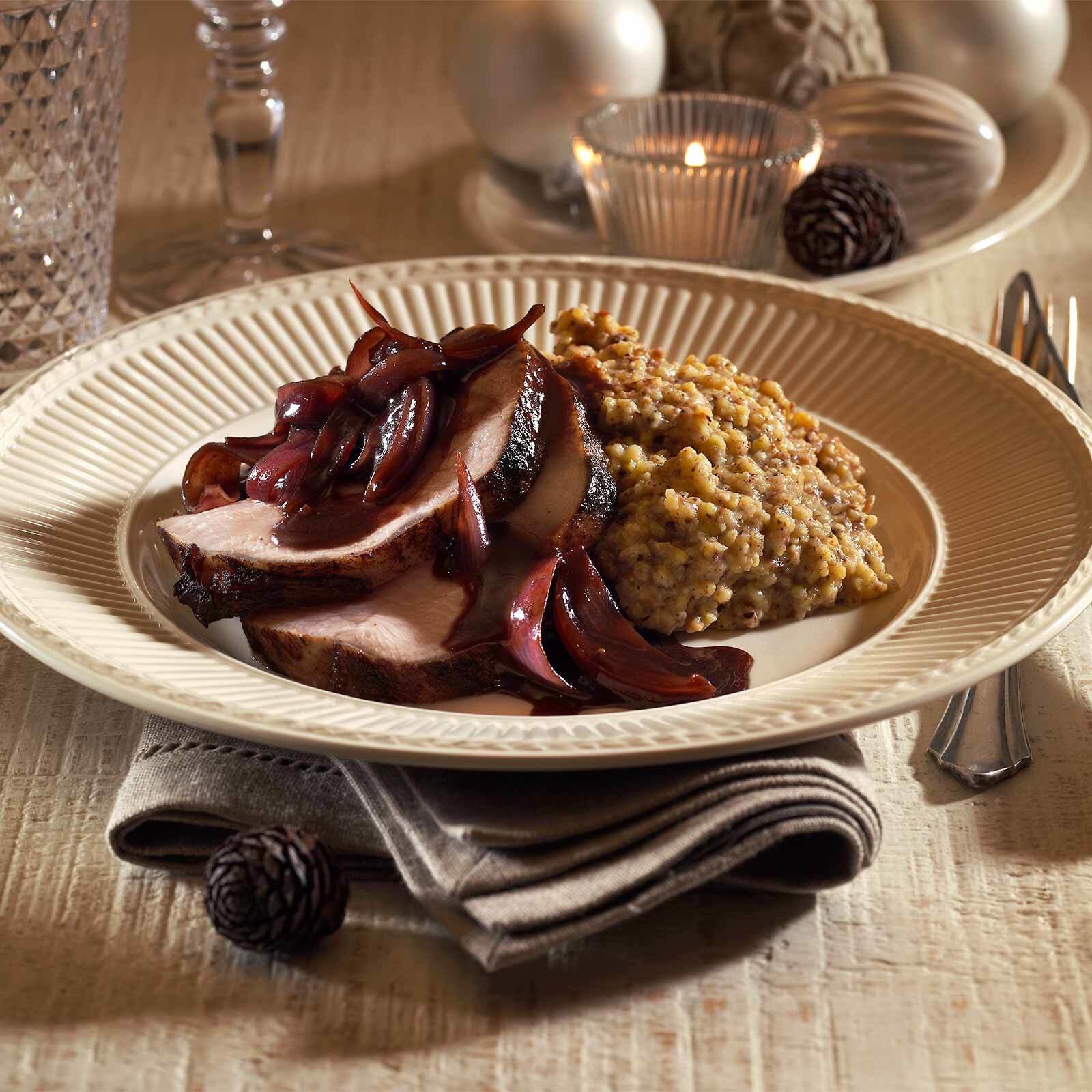 Rôti de veau au porto et polenta aux amandes