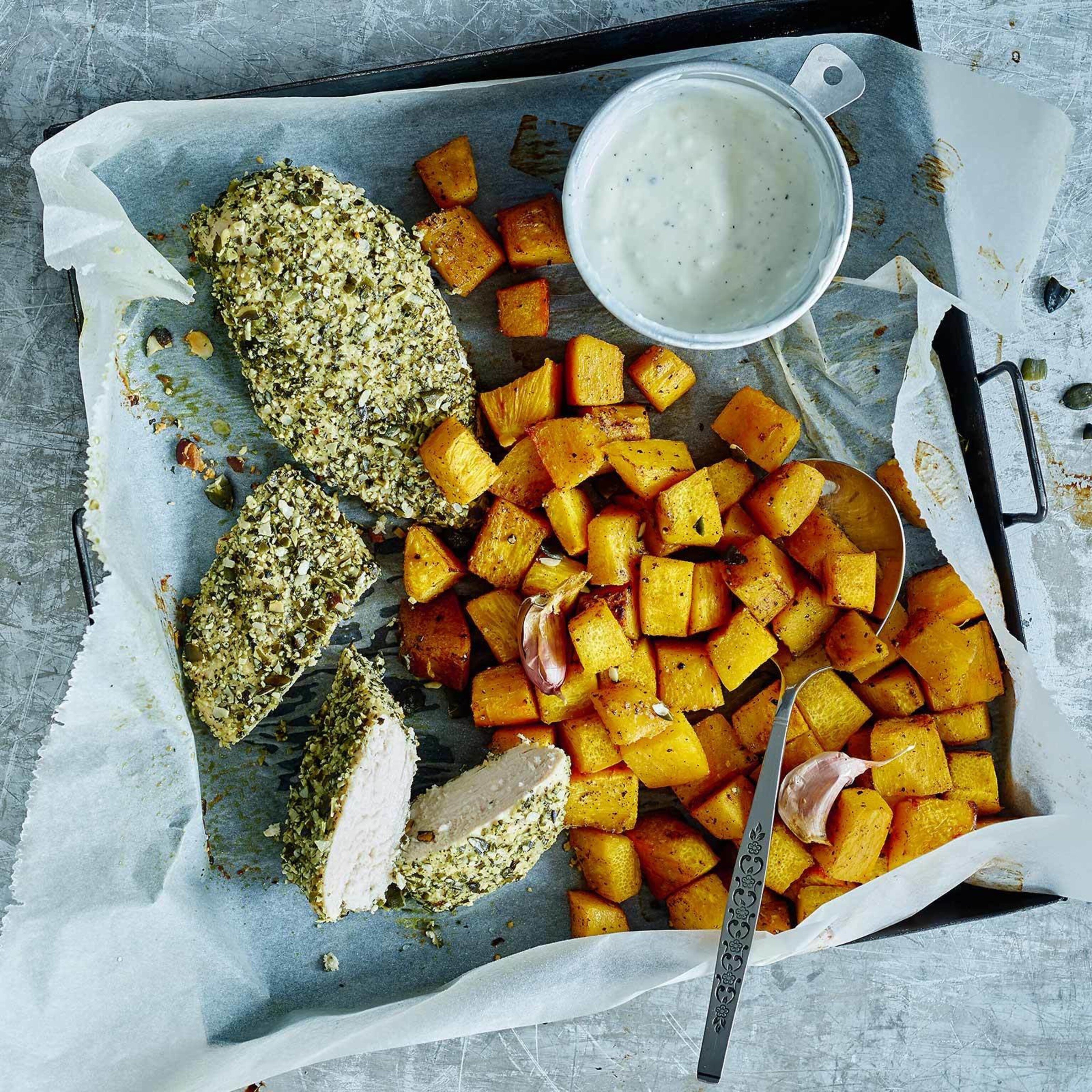 Blancs de poulet panés et courge