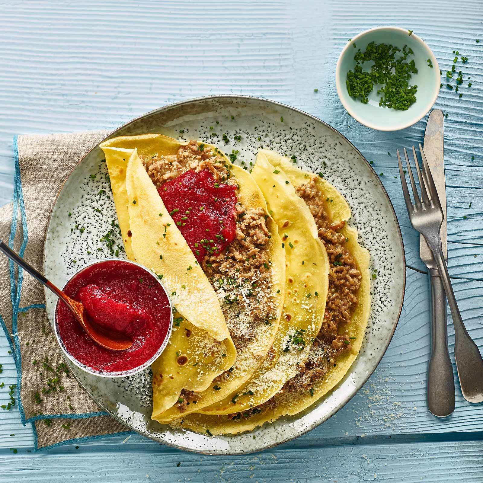 Crêpes à la viande hachée et purée de pomme