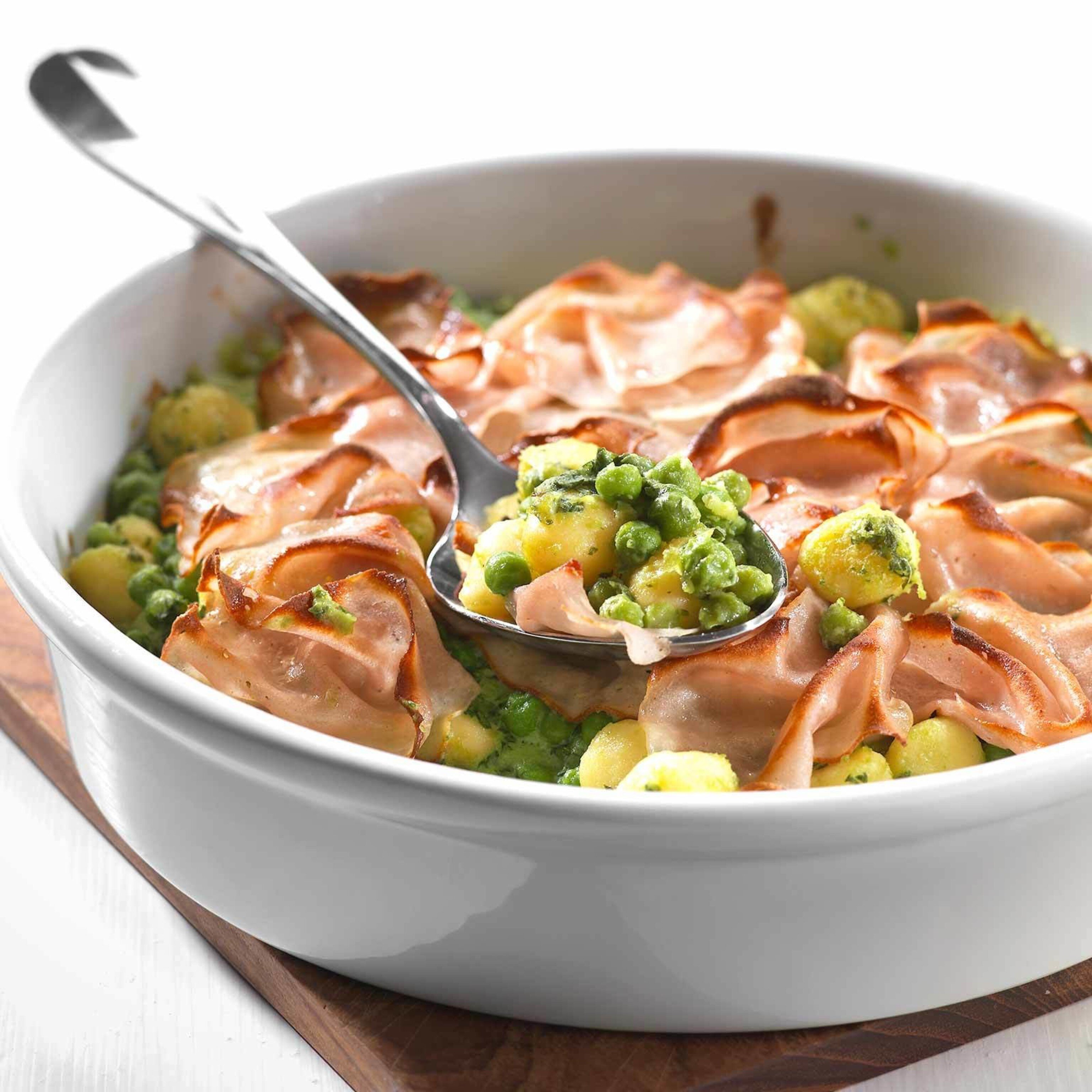 Gnocchi-Erbsli-Auflauf mit Fleischkäse