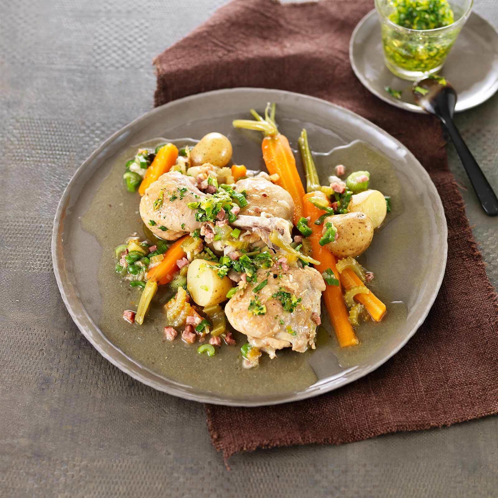 Coq au Sherry mit Zitronenpesto