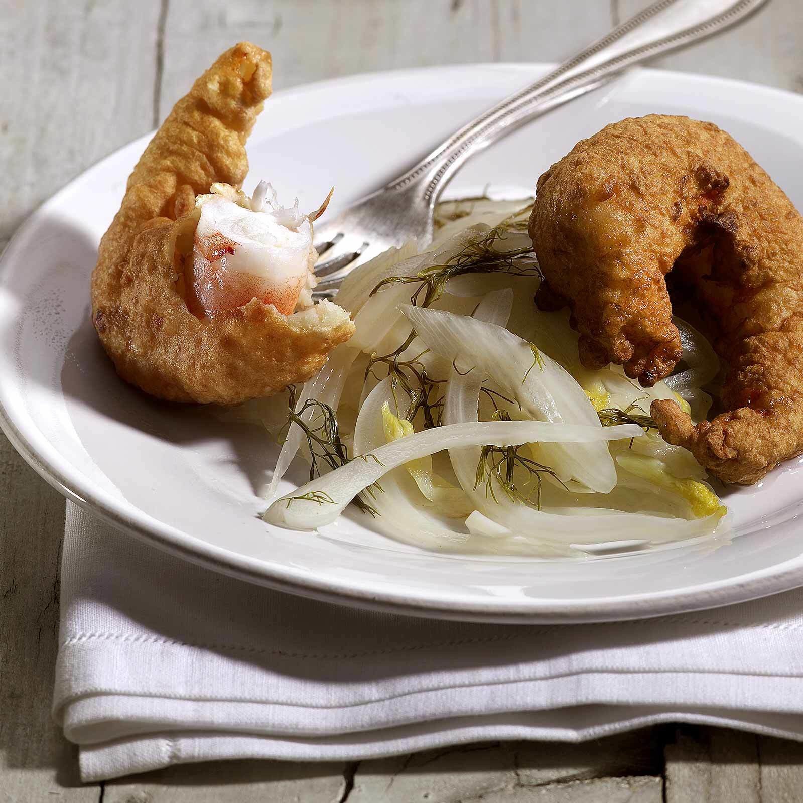 Tempura-Crevetten mit süss-saurem Fenchel