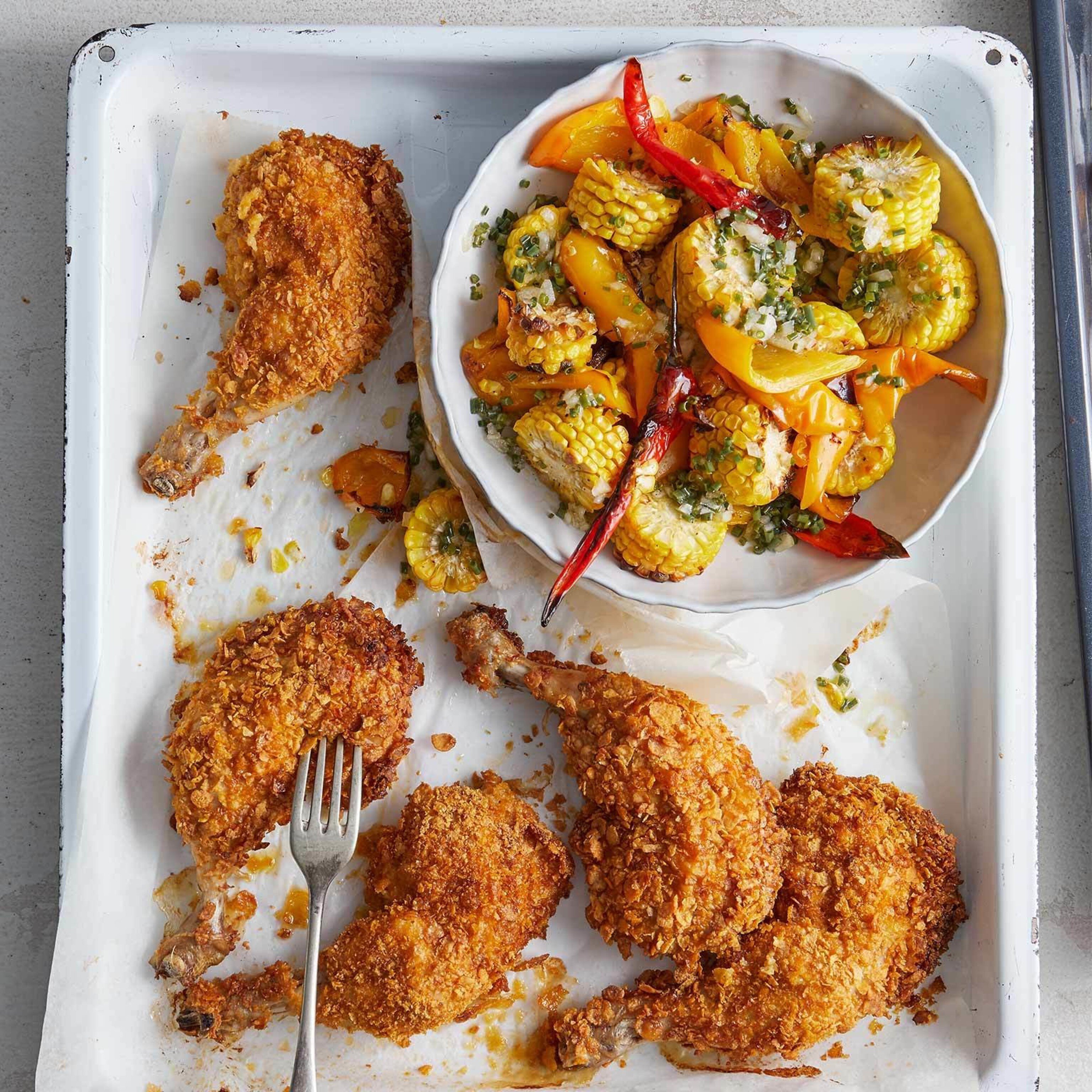 Knusprige Pouletschenkel mit Ofenmais