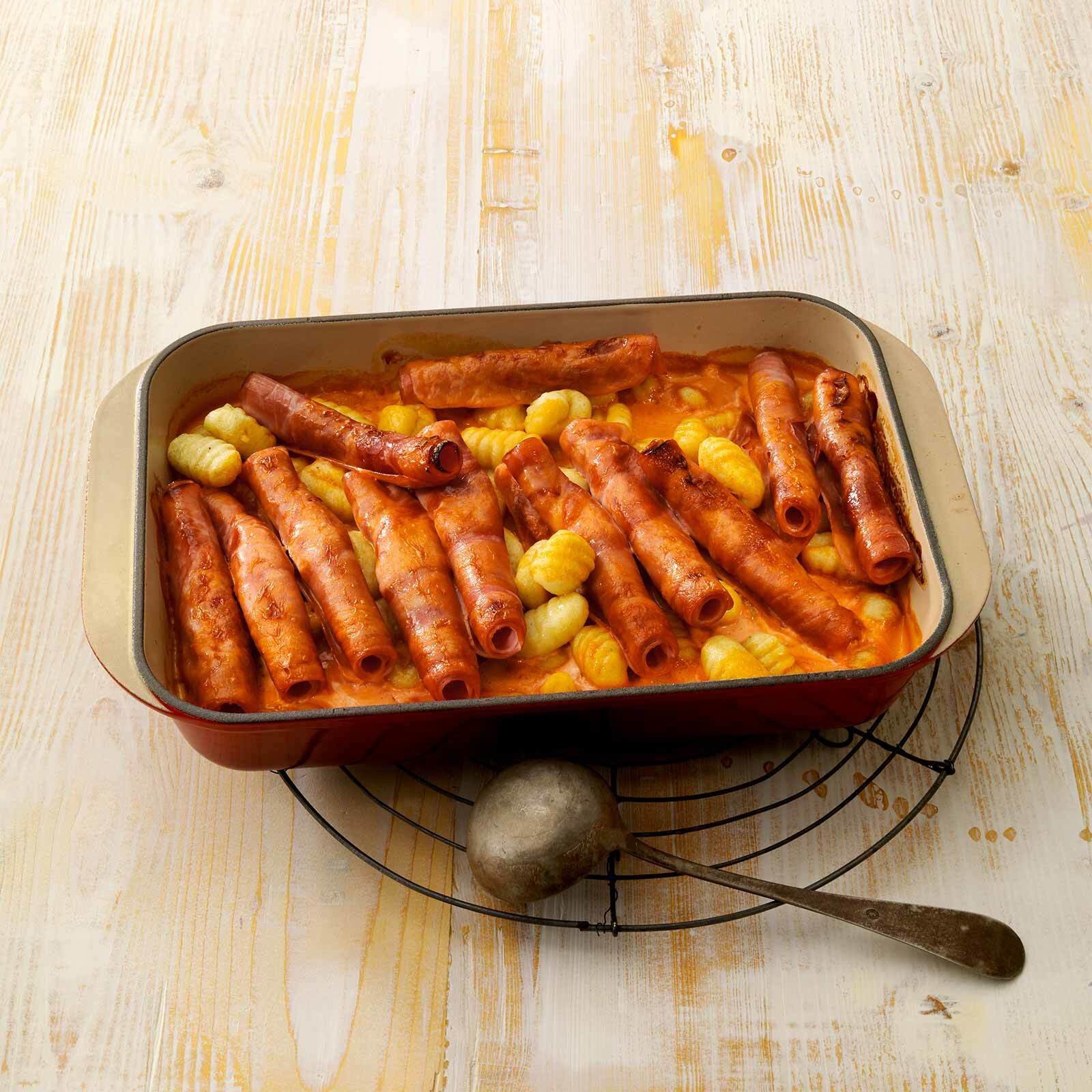 Gnocchi-Gratin mit Schinkenrollen